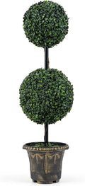 Goplus 3 FT Artificial Boxwood Topiary Tree, Sun-Protective Double Ball Faux Potted Plants, Greenery Indoor Outdoor Fake Plants Shrubs for Entryway Home Office Front Porch Decor (1)
