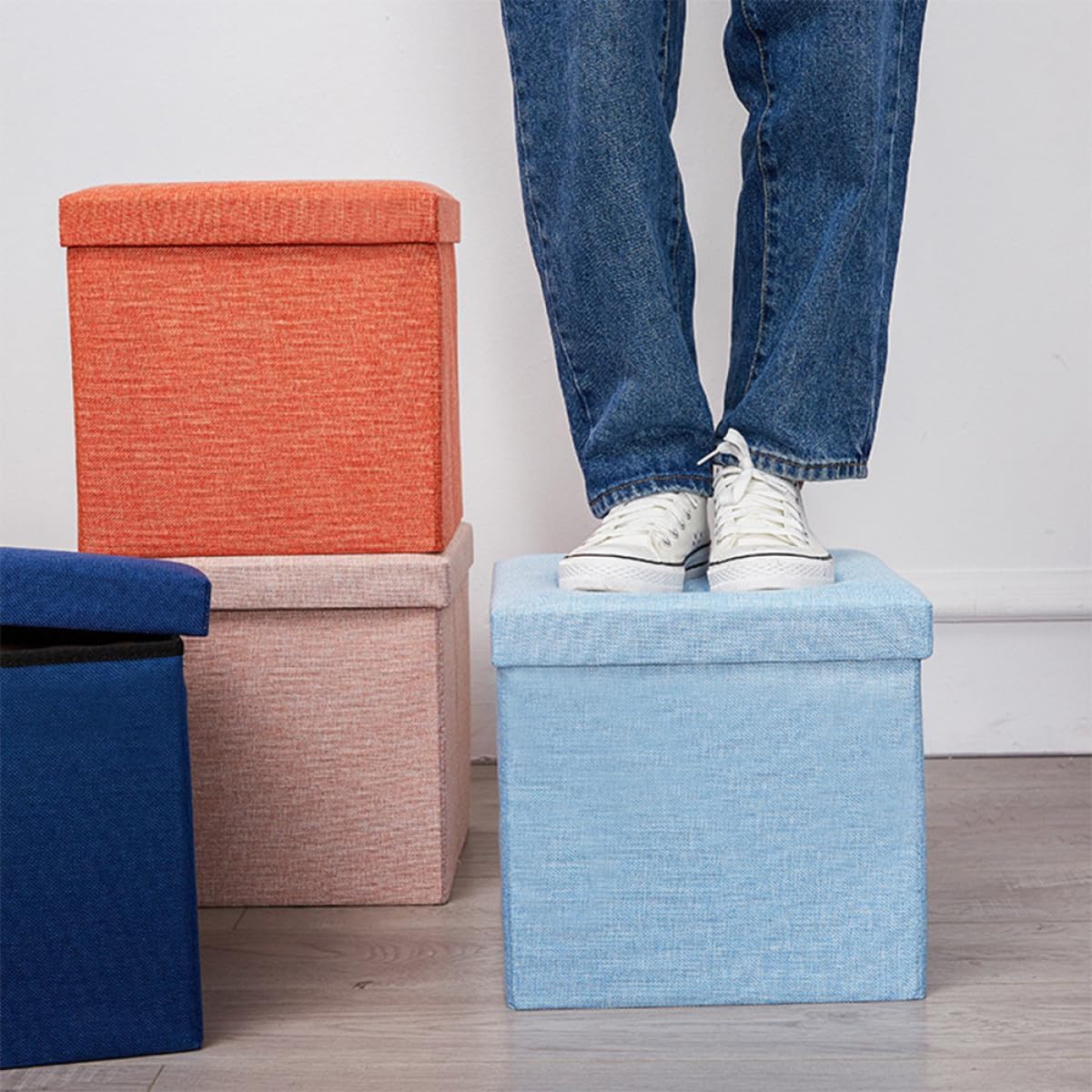 Garneck Folding Cloth Storage Stool Sky-Blue Multifunctional Footstool with High Bearing Capacity and Household Sundries Organizer for Playroom Nursery Closet Seating and Storage