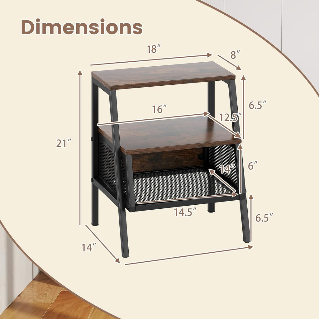 Giantex Industrial Nightstand, Modern End Table w/Open Shelves & Metal Mesh, 3-Tier Sofa Side Table w/Sturdy Trapezoidal Metal Frame, Night Stand for Bedroom, Small Spaces, Rustic Brown (1)