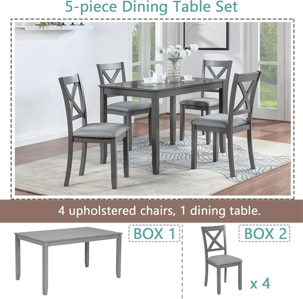 RuiSiSi 5 Piece Dining Table Set for 4, Farmhouse Kitchen Table with 4 Padded Seat Chairs, Wood 5 Piece Dinette Set Rectangular Table for Kitchen, Living Room, Gray