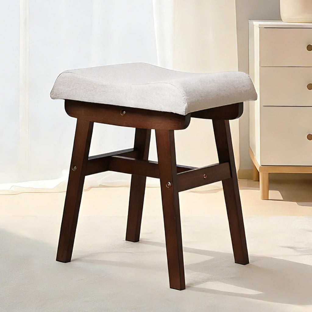 Wood Vanity Stool Chair, 17.7 Inch Compact Makeup Chairs with Saddle Cushion, Linen-Covered High Rebound Sponge Seat, Easy Assembly Footstool for Bedroom, Entryway, Home, Walnut Ottomans
