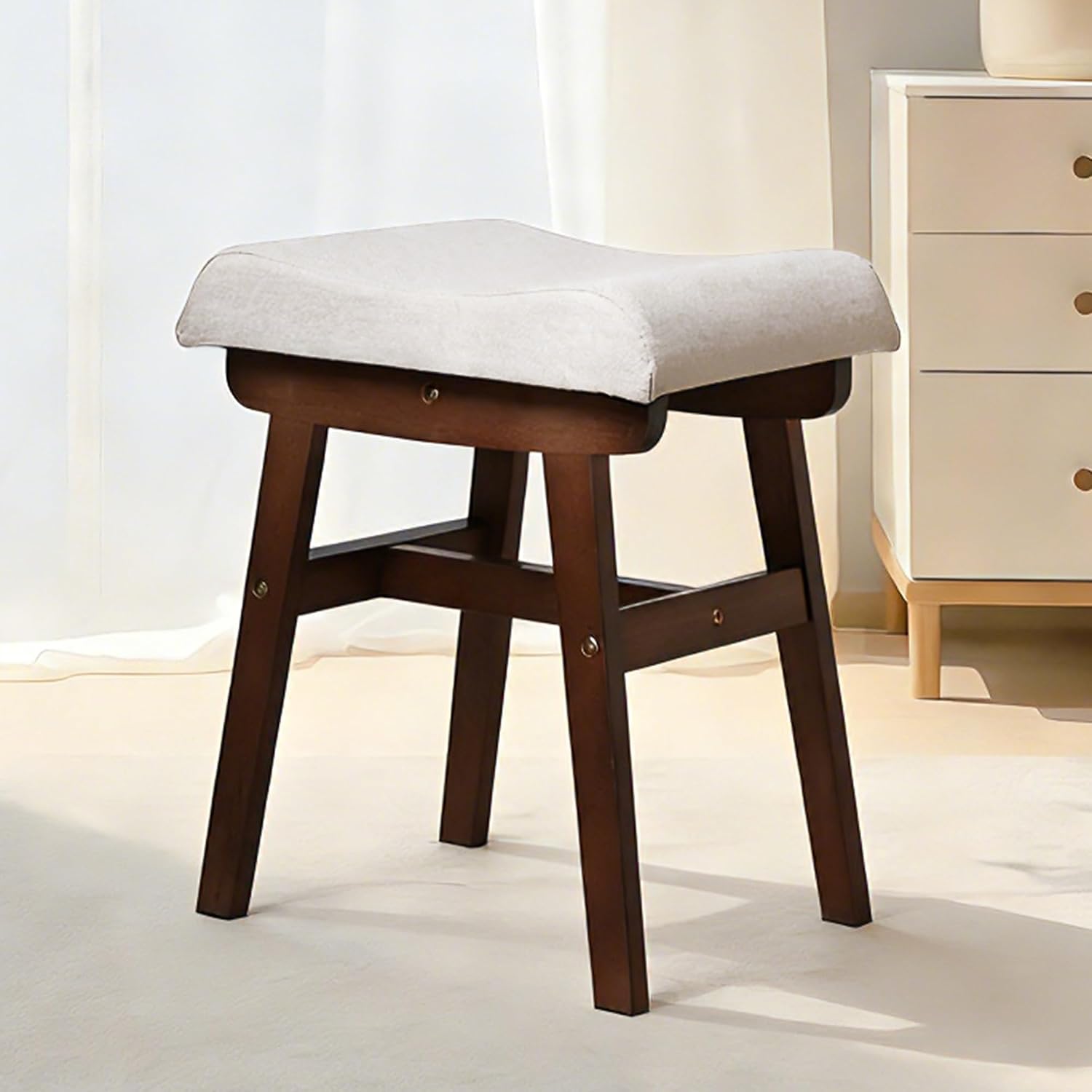 Wood Vanity Stool Chair, 17.7 Inch Compact Makeup Chairs with Saddle Cushion, Linen-Covered High Rebound Sponge Seat, Easy Assembly Footstool for Bedroom, Entryway, Home, Walnut Ottomans