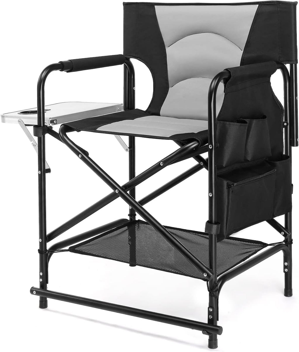 VINGLI 22" Director's Chair for Makeup Artist, Foldable Makeup Chair with Retractable Side Table & Footrest, Robust Iron Steel Frame, Supports 300 lbs, for Studio, Black & Gray