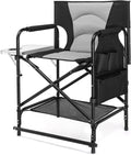 VINGLI 22" Director's Chair for Makeup Artist, Foldable Makeup Chair with Retractable Side Table & Footrest, Robust Iron Steel Frame, Supports 300 lbs, for Studio, Black & Gray