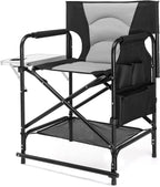 VINGLI 22" Director's Chair for Makeup Artist, Foldable Makeup Chair with Retractable Side Table & Footrest, Robust Iron Steel Frame, Supports 300 lbs, for Studio, Black & Gray