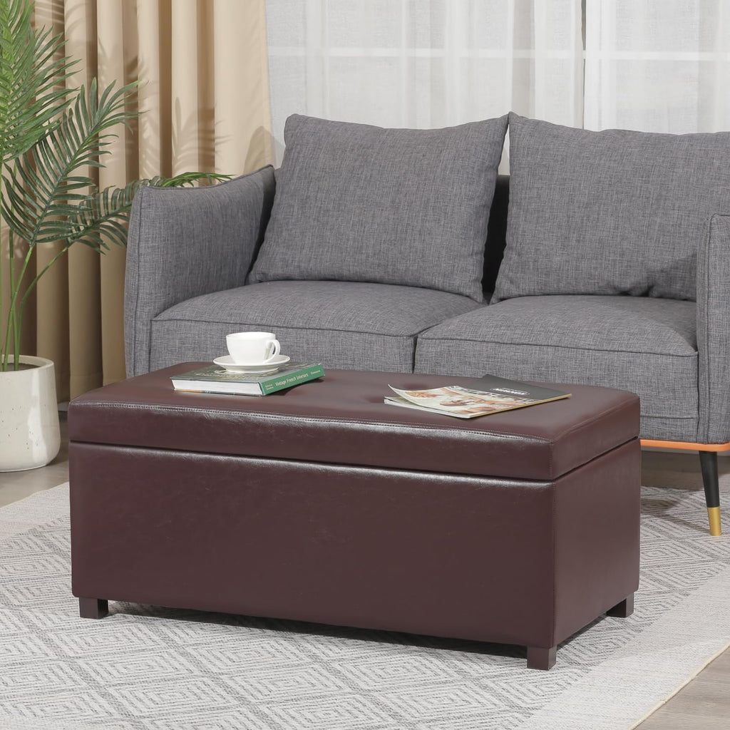 38" Leather Storage Ottoman for Living Room, Rectangular Tufted Storage Bench for Foot, Bright Brown