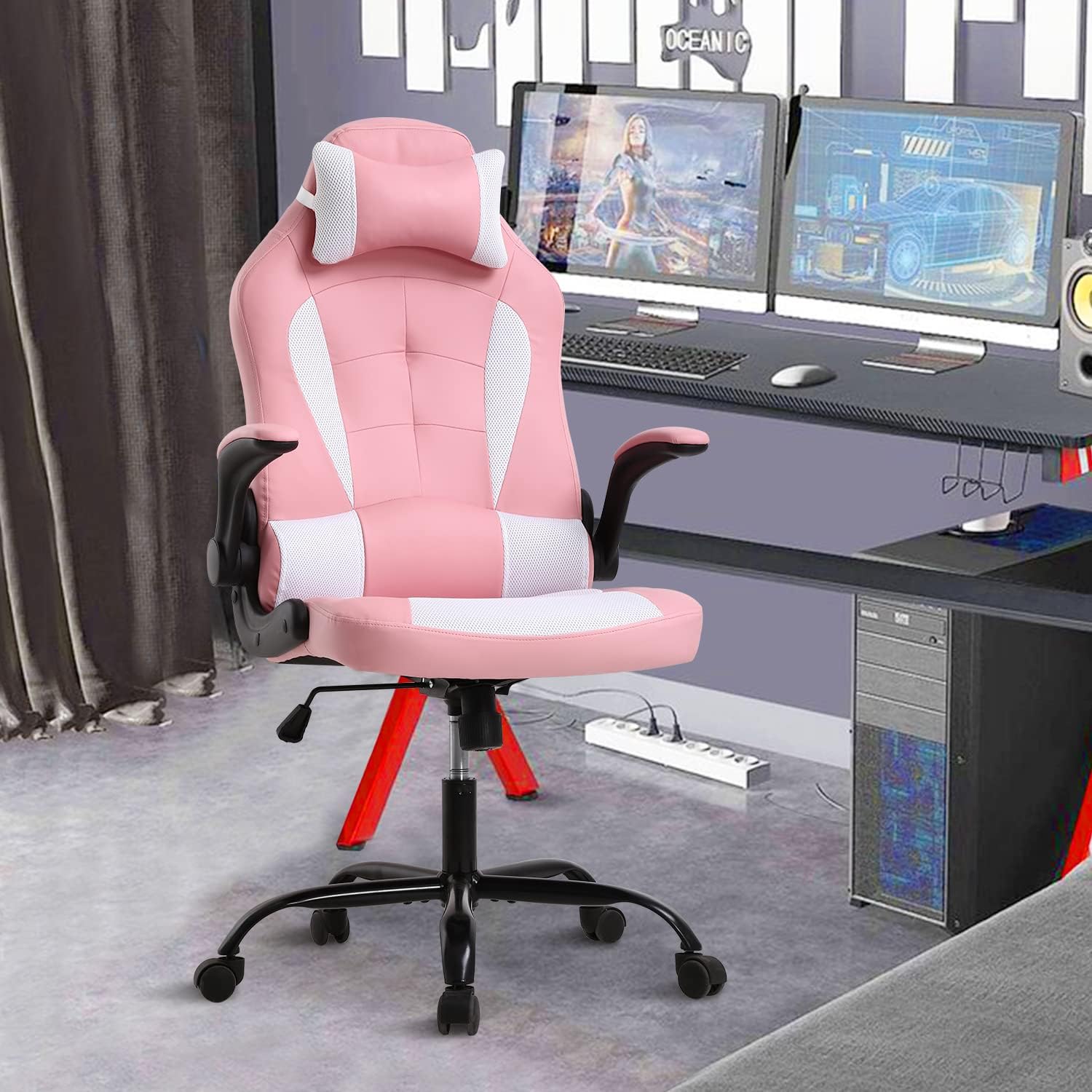 PC Gaming Chair Ergonomic Office Chair, High Back Computer Chair with Lumbar Support& Headrest, Adjustable PU Leather Desk Chair Racing Task Rolling Swivel Executive Chair for Women, Pink