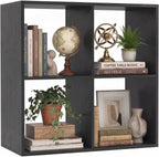 POWERSTONE 4 Cube Storage Organizer, 2 Tier Cubby Bookshelf Freestanding Bookcase w/Back Guardrail, Open Back Display Rack for Living Room, Bedroom, Study, Black