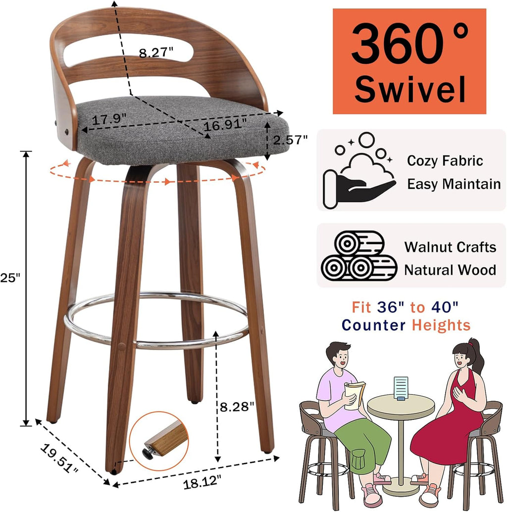 Counter Stools Set of 2, 25 inch Mid Century CounterStools with Walnut Crafts, Bentwood Curved Back, Upholstered Tech Fabric, Kitchen Island Stools for Cafe/Pub/Island (Gray, 25" Seat Height)