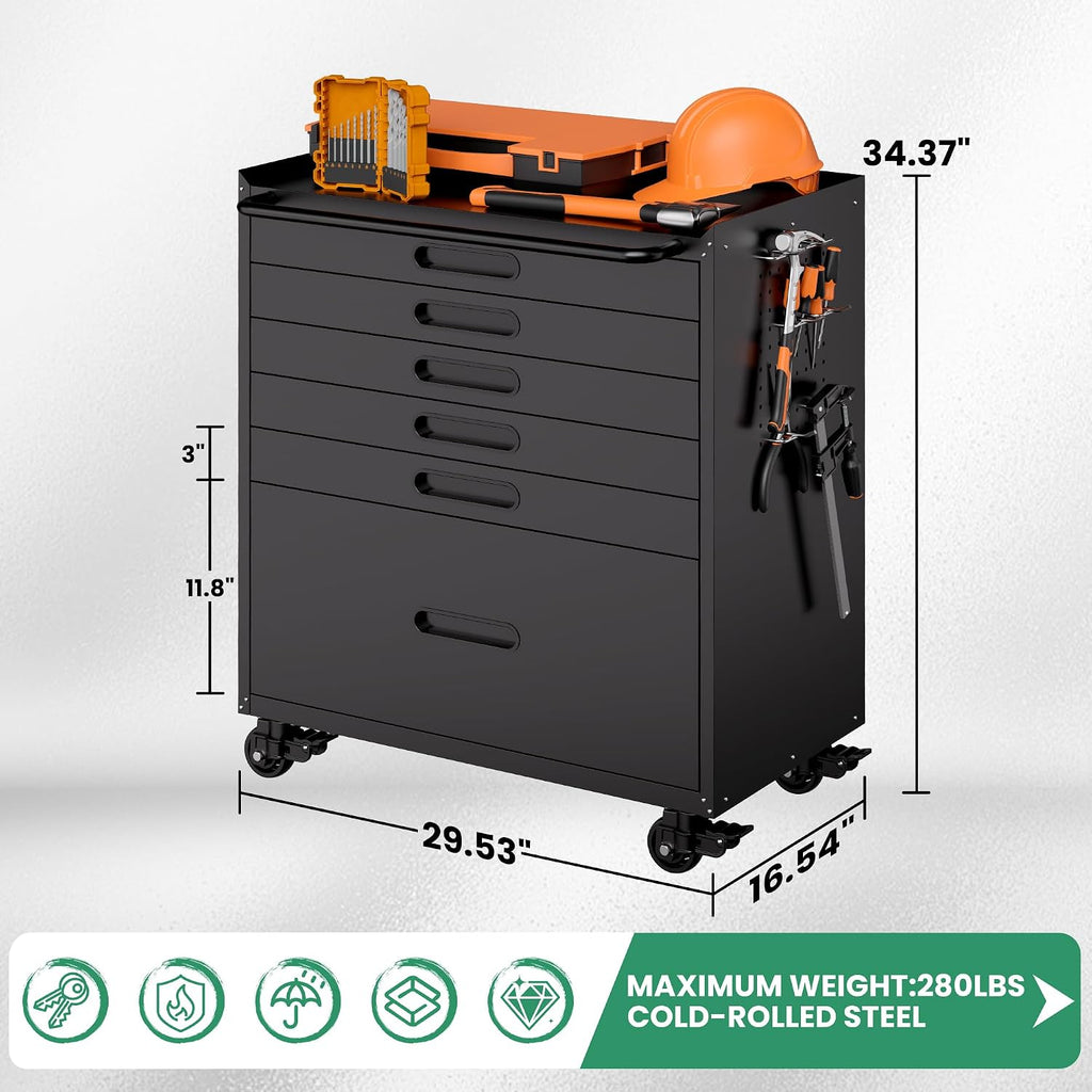 Garage Storage Cabinet,6 Drawer Metal Rolling Tool Cabinet with 2 Pegboard and 10 Hook,Heavy Duty Mechanics Tool Chest Storage for Workshop, Basement,Warehouse,Include Workbench Liner,Black