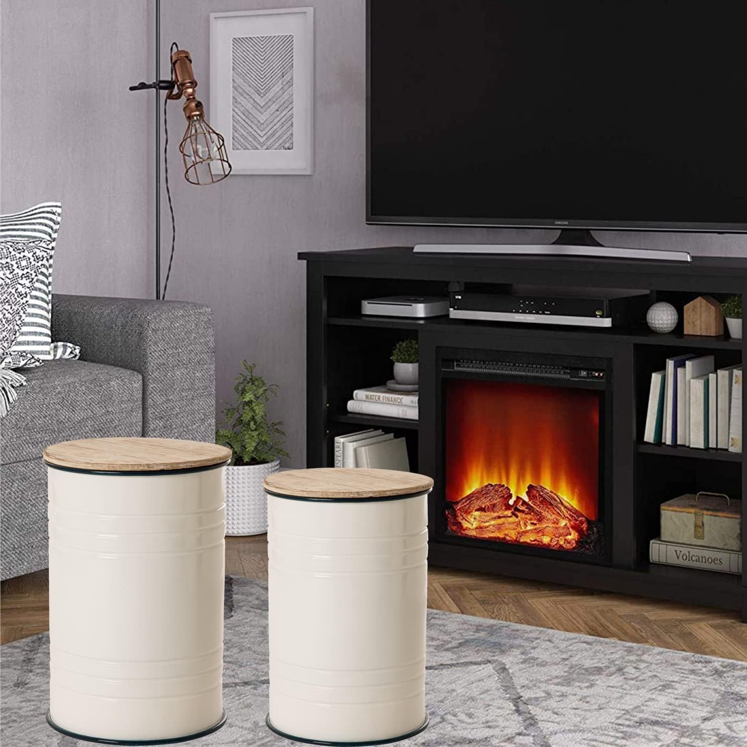 Glitzhome Nesting Tables for Living Room, Round Coffee Tables Set of 2, Metal Farmhouse Small Accent End Table with Storage and Lid for Bedroom Office Plant Stander, White