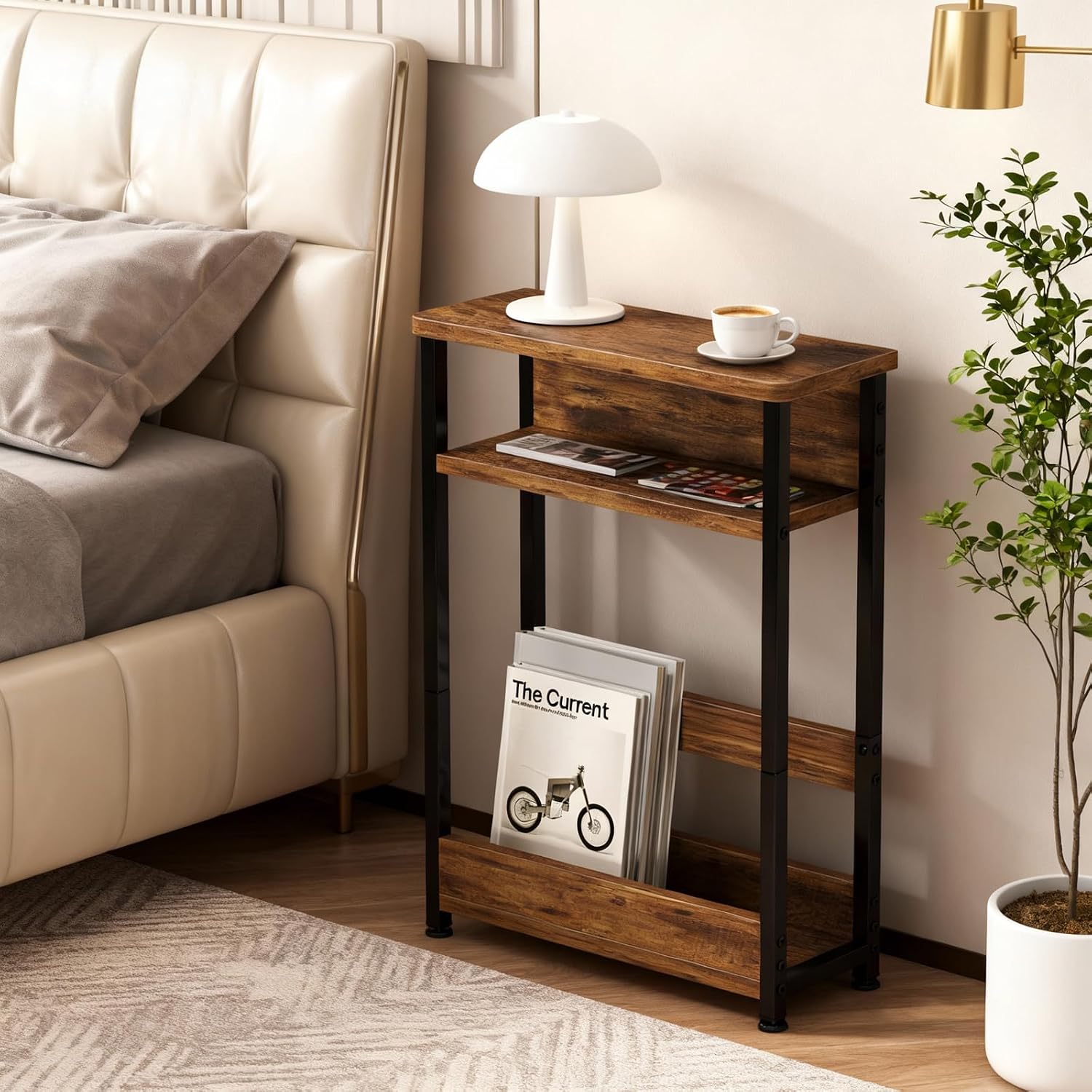 Garvee Narrow Side Table, 3-Tier Slim End Table with Storage Shelf, Modern Sofa Thin Side Tables for Narrow and Small Spaces, Skinny Bedside Tables Nightstand with Magazine Rack Space Saving Brown