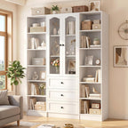 Cyclysio 3-Piece 80" Tall Pantry Cabinet Set, Large Kitchen Storage Cabinet with Arched Glass Doors and 3 Drawers, 6-Tier Open Shelving Unit with Baseboard Cutout for Flush-to-Wall Fit, White