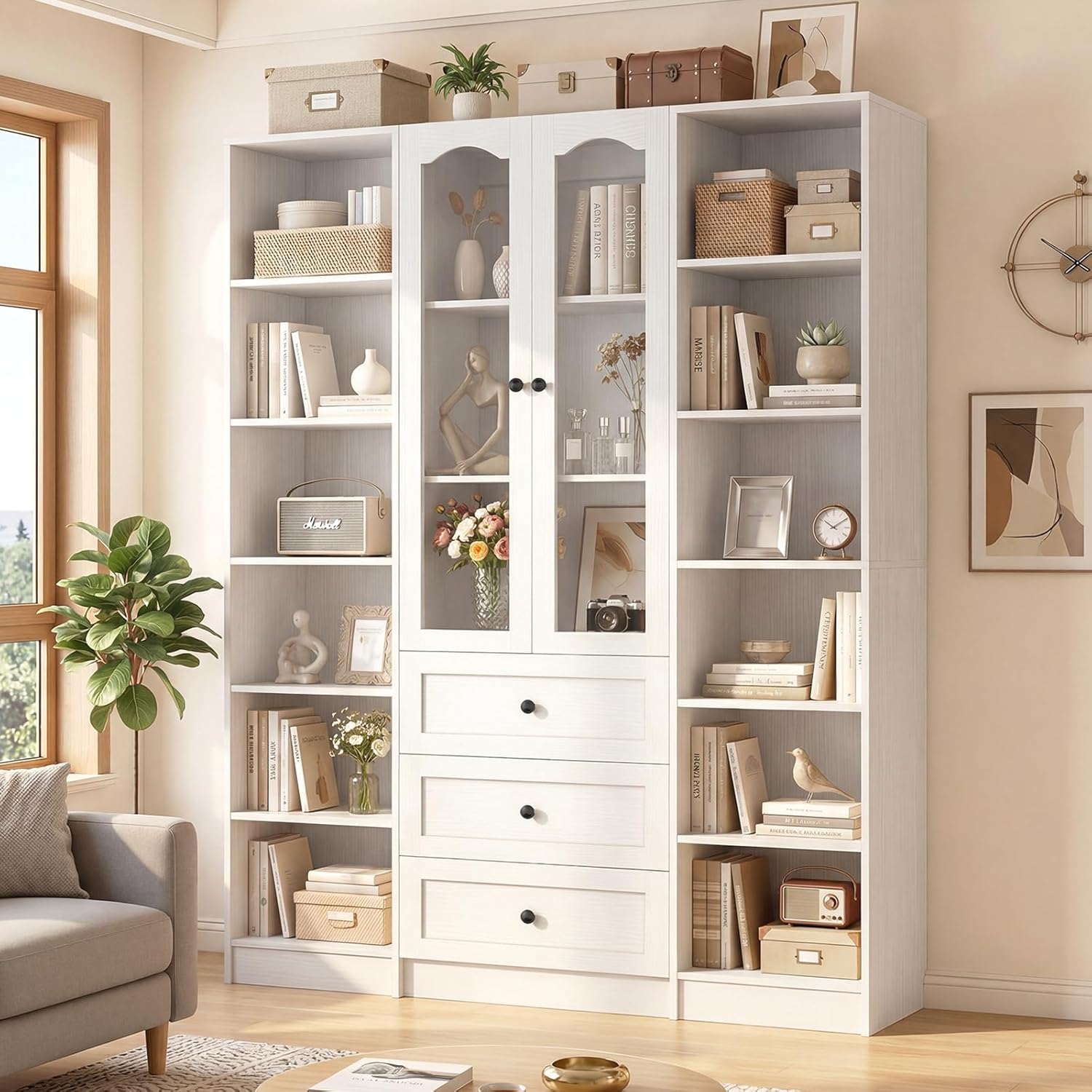 Cyclysio 3-Piece 80" Tall Pantry Cabinet Set, Large Kitchen Storage Cabinet with Arched Glass Doors and 3 Drawers, 6-Tier Open Shelving Unit with Baseboard Cutout for Flush-to-Wall Fit, White