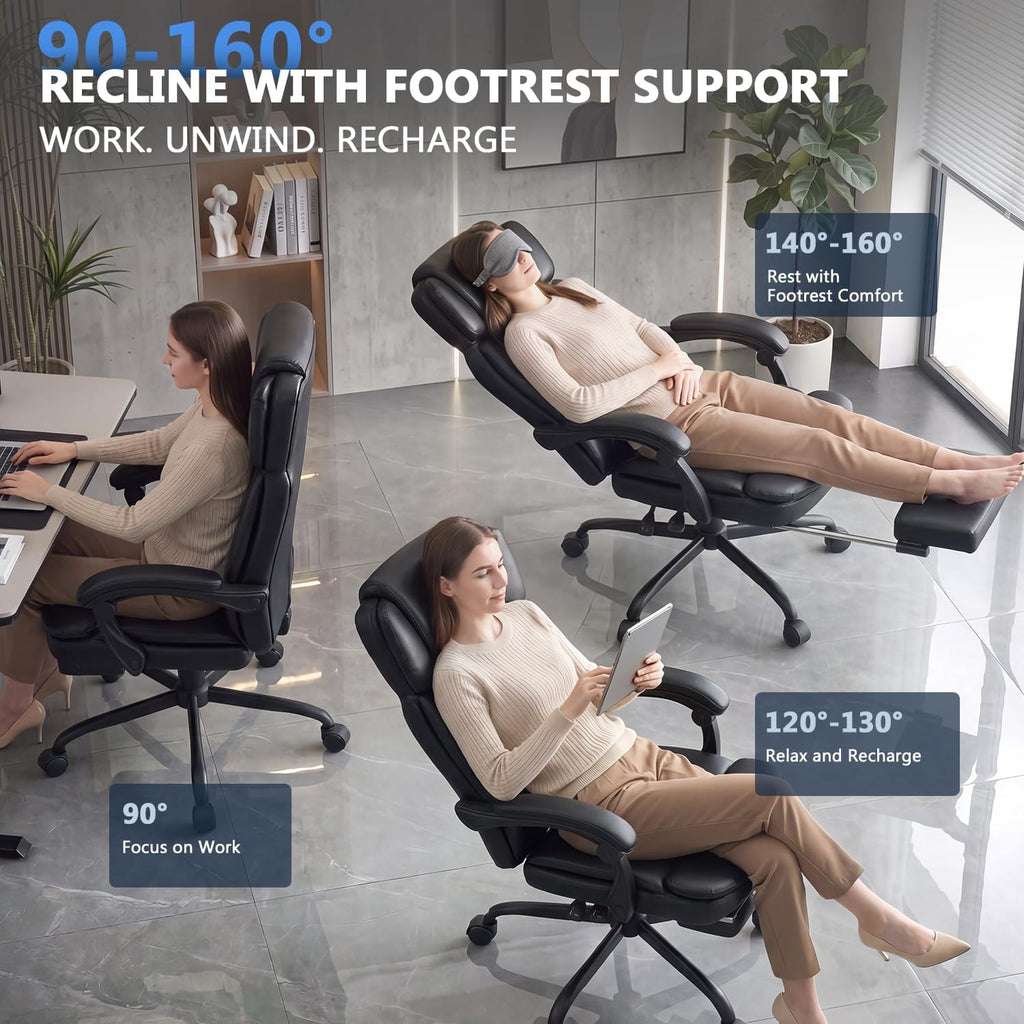 Executive High Back Home Office Chair with Foot Rest & Adjustable Headrest for Lower Back Pain Relief, Comfy Ergonomic Computer Desk Chair 400lb, Padded PU Leather Chair, Pocket Spring seat