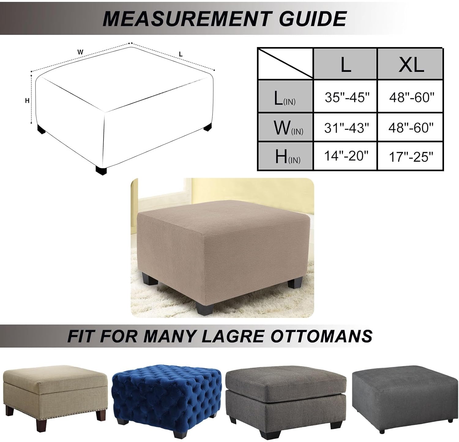 NeColorLife Stretch Ottoman Cover Square Soft Knitted Jacquard Washable Thick Storage Foot Stool Cover for Square and Rectangle Ottomans Khaki Large
