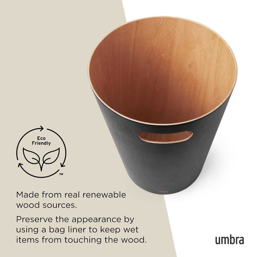 Umbra Woodrow 2-Gallon Modern Wooden Trash Can Wastebasket, Attractive Bin for Garbage or Recycling, Suitable for Home or Office, Black