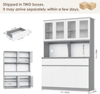 Keyluv 75" x 55" Kitchen Pantry Storage Cabinet with Glass Doors and Drawers, Wide China Cabinet Hutch with Microwave Stand Coffee Bar, Food Pantry with Hutch Shelf for Dining Room, White/Grey