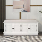 GDFStudio Jasd Storage Bench with 4 Doors and Adjustable Shelves, Removable Cushion Bench Ottoman, Solid Wood Frame Storage Ottoman, Rectangular Cabinet with Seating for Living Room Entryway, White
