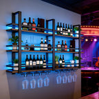 Wine Rack Wall Mounted with LED Lights, 3 Tier Metal Liquor Floating Display Shelves, with Wine Glass Rack, Iron & Wood Industrial Wall Wine Rack, for Bar, Kitchen, Cafe (Black, 63in)