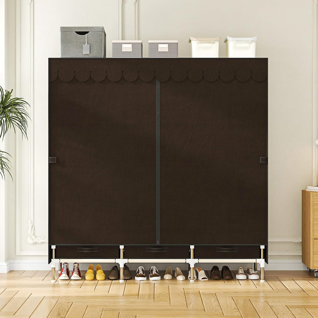 Portable Wardrobe 3 Rods 3 Drawers 3 Compartments Non-Woven Fabric Metal Frame Small Room (Brown, 57.5 in)