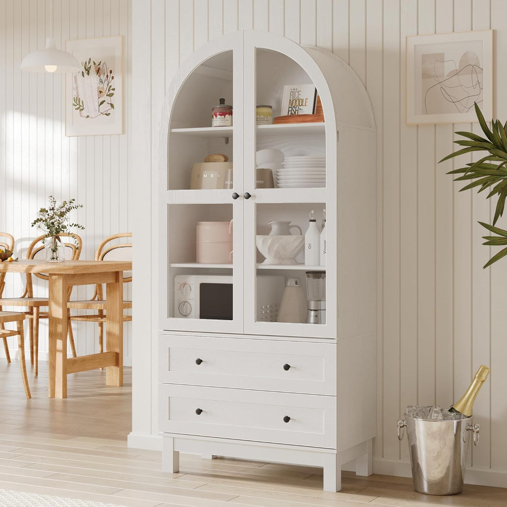 Furnify 71" Tall Arched Kitchen Pantry, Wood Pantry Cabinet with 2 Large Drawers and Glass Doors, Modern Farmhouse Versatile Cupboard for Kitchen, Dining Room, White
