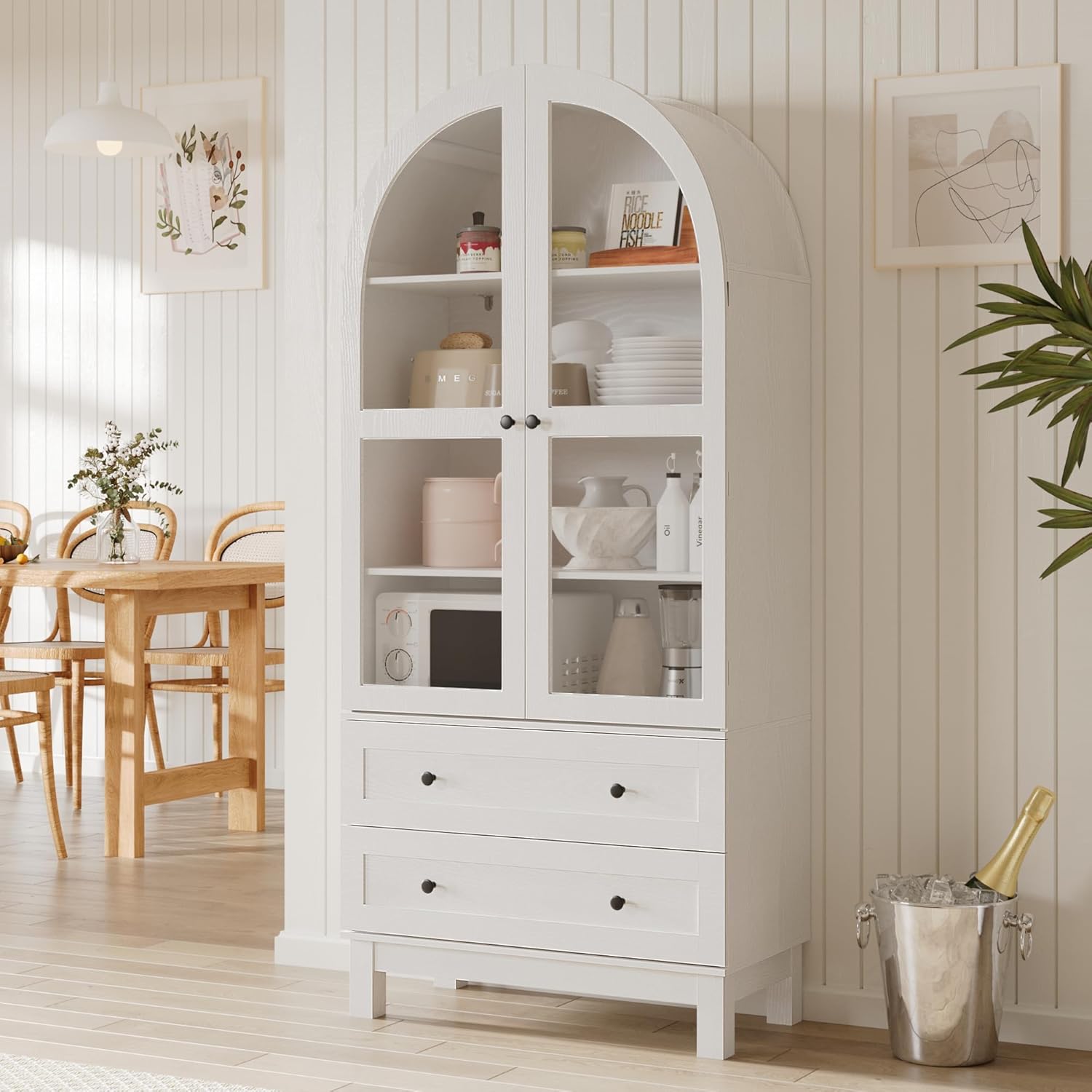 Furnify 71" Tall Arched Kitchen Pantry, Wood Pantry Cabinet with 2 Large Drawers and Glass Doors, Modern Farmhouse Versatile Cupboard for Kitchen, Dining Room, White