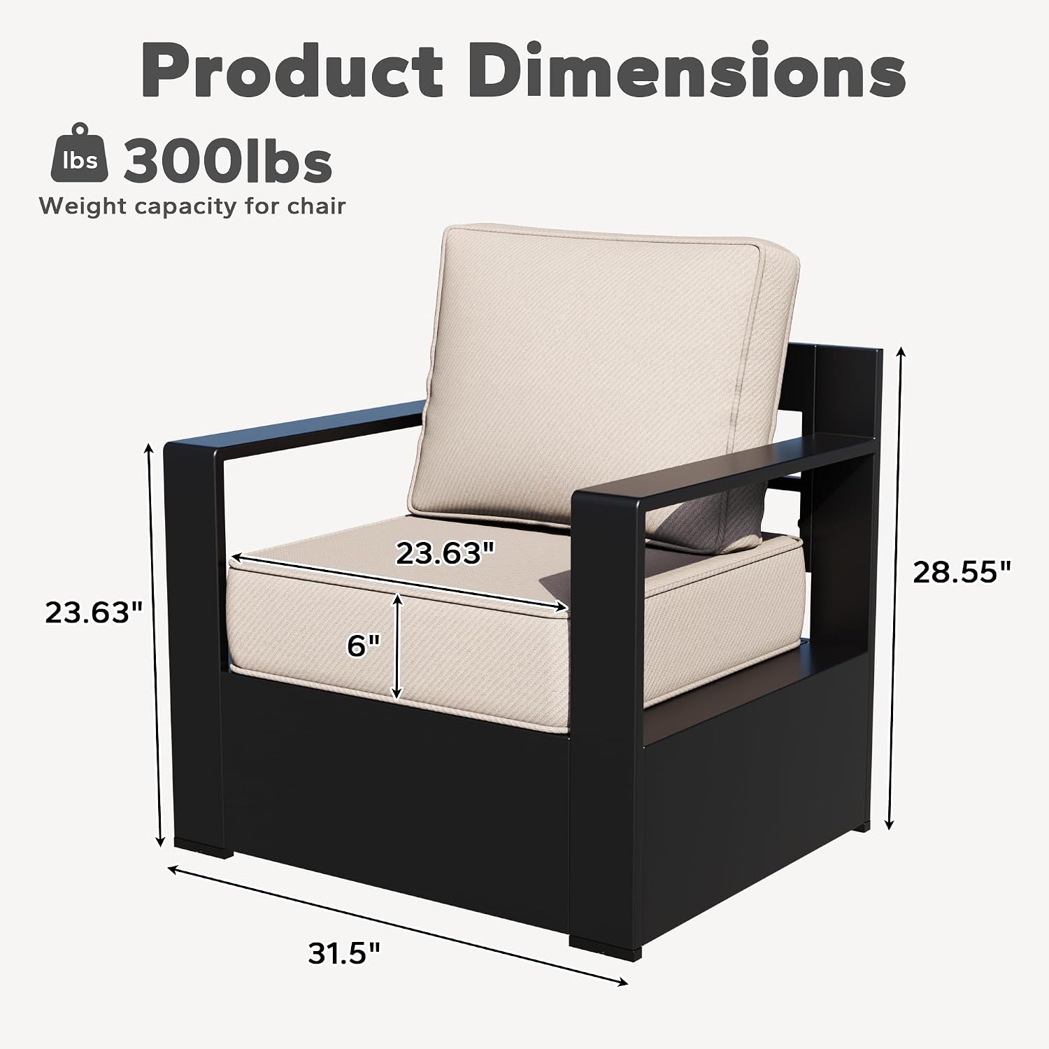 Outdoor Aluminum Furniture, Patio Chairs with 6" Thick Removable Cushions, All-Weather Metal Frame, Deep Setting for Garden, Poolside and Porch,Beige