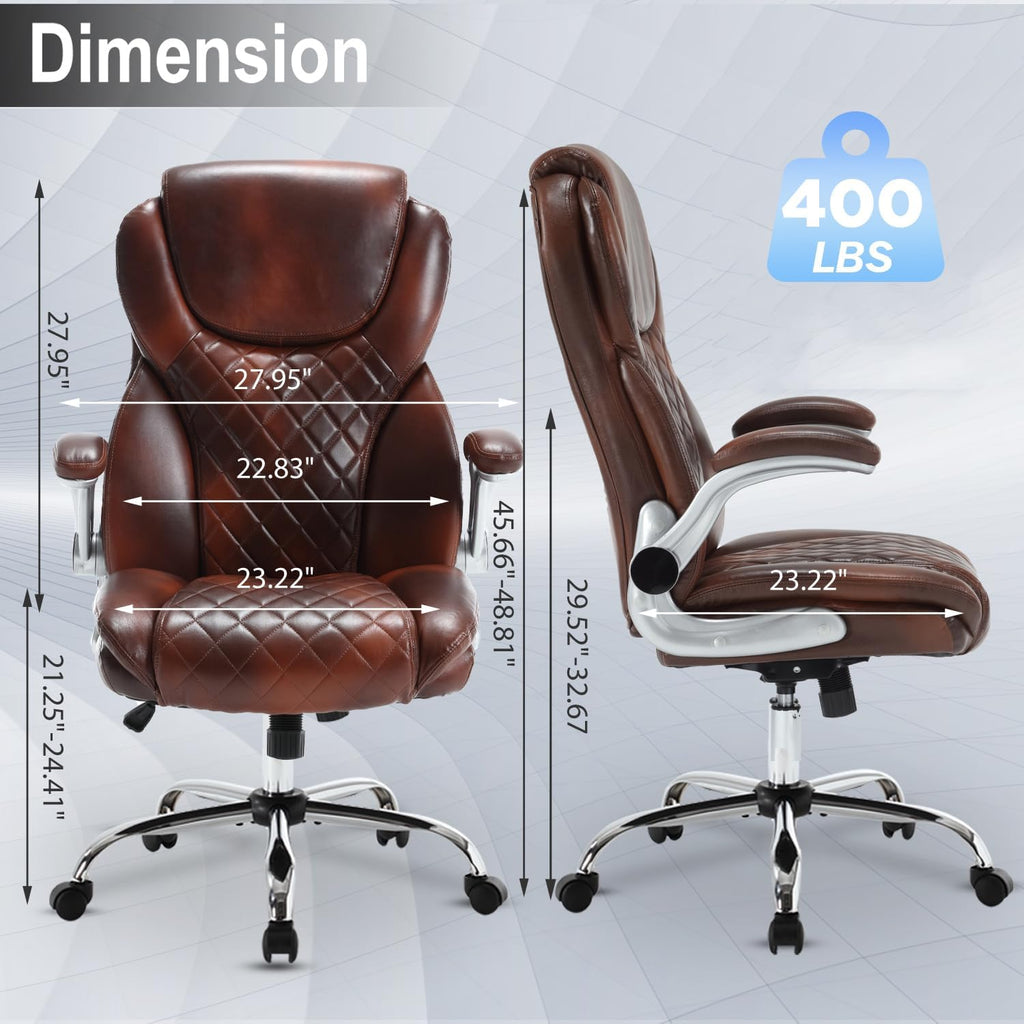 Leather Office Chair Brown with Flip up Arms, Big and Tall High Back Executive Office Desk Chairs with Wheels, Rocking Managerial Ergonomic Home Computer Chairs with Lumbar Support, Brown