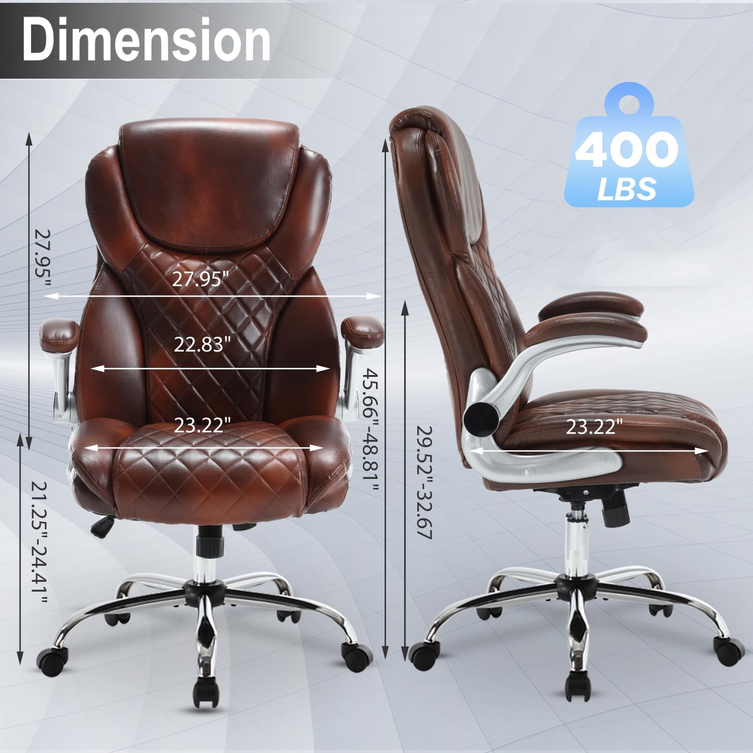Leather Office Chair Brown with Flip up Arms, Big and Tall High Back Executive Office Desk Chairs with Wheels, Rocking Managerial Ergonomic Home Computer Chairs with Lumbar Support, Brown