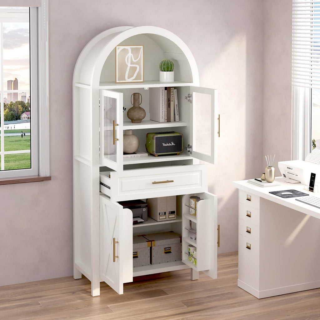 71" Arched Farmhouse Pantry Cabinet with Glass Barn Door, Versatile Cupboard with Adjustable Shelf Wood Storage Cupboard for Kitchen, Living & Dining Room (White)