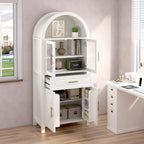 71" Arched Farmhouse Pantry Cabinet with Glass Barn Door, Versatile Cupboard with Adjustable Shelf Wood Storage Cupboard for Kitchen, Living & Dining Room (White)