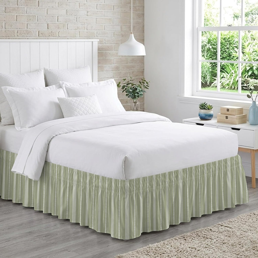 Boho Sage Green Bed Skirt Queen Size 16 Inch Drop, Adjustable & Elastic Wrap Around Bed Skirts Pleated Luxury Dust Ruffles for Twin Full Queen Cal King Base Bed, Minimalist Farmhouse Striped