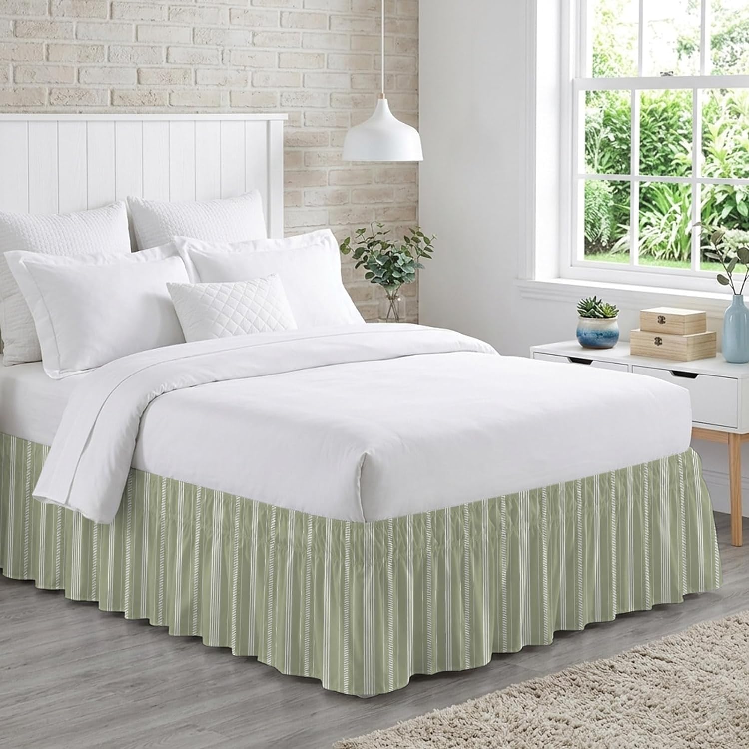 Boho Sage Green Bed Skirt Queen Size 16 Inch Drop, Adjustable & Elastic Wrap Around Bed Skirts Pleated Luxury Dust Ruffles for Twin Full Queen Cal King Base Bed, Minimalist Farmhouse Striped