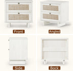 LAZZO White Nightstands Set of 2 with Rattan Drawers, Modern Bedside Table | 23.6 inch Night Stand with Large Storage Space for Bedroom Living Room Office, White Oak Texture, 4 Vintage Brass Handles