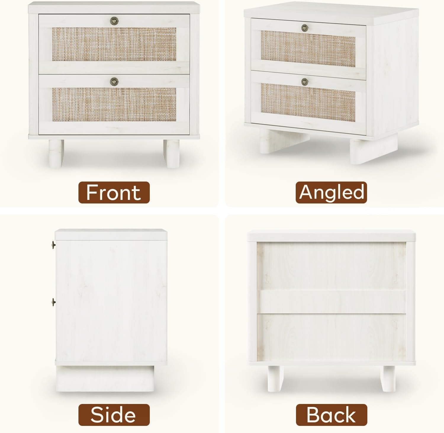 LAZZO White Nightstands Set of 2 with Rattan Drawers, Modern Bedside Table | 23.6 inch Night Stand with Large Storage Space for Bedroom Living Room Office, White Oak Texture, 4 Vintage Brass Handles