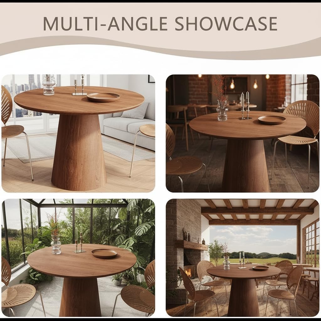 43" Wood Round Dining Table for 2 4 5, Modern Farmhouse Rustic Circle Kitchen Table with Minimalist Circular Pedestal for Dining Room Kitchen, Dinner Living Room, Restaurant Walnut New