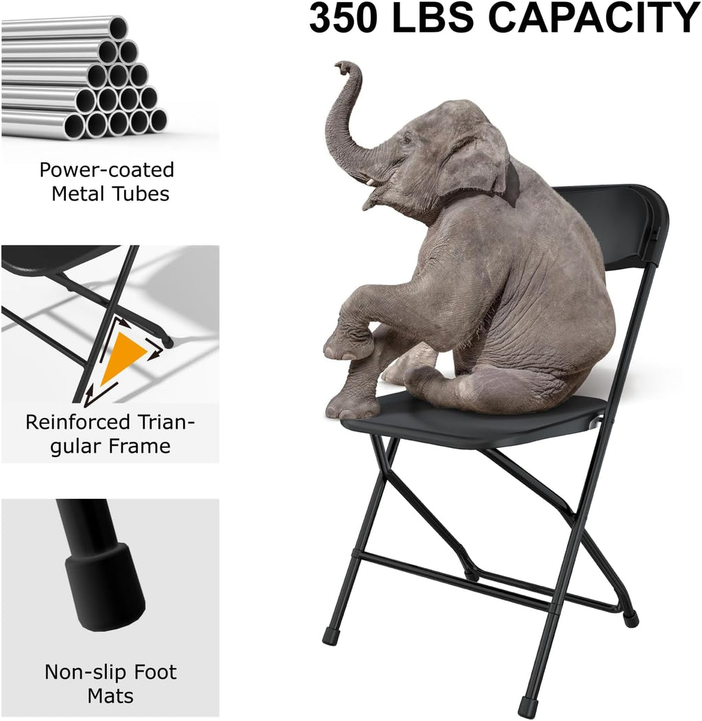6 Pack Black Folding Chairs, Foldable Party Chairs, Plastic Folding Chair for Outside, Indoor Outdoor Stackable Commercial Seat with Steel Frame for Office Wedding Dining School, 350LBS