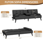 Shintenchi Futon Sofa Bed, Leather Foldable Futon Couch, Reclining Sleeper with Removable Armrests, Upholstered Loveseat Sofa Couch with Folding Cup Holders for Home, Office(Black)