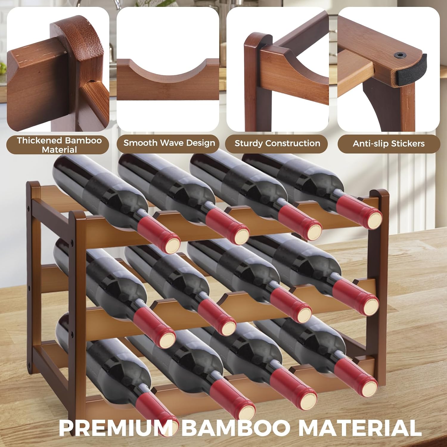 Bamboo Wine Rack 3-Tier 12 Bottle, Freestanding Countertop Wine Storage Shelf, Sturdy Natural Wine Holder Display Cabinet for Kitchen, Pantry, Dining Room & Home Bar (3 Tier)