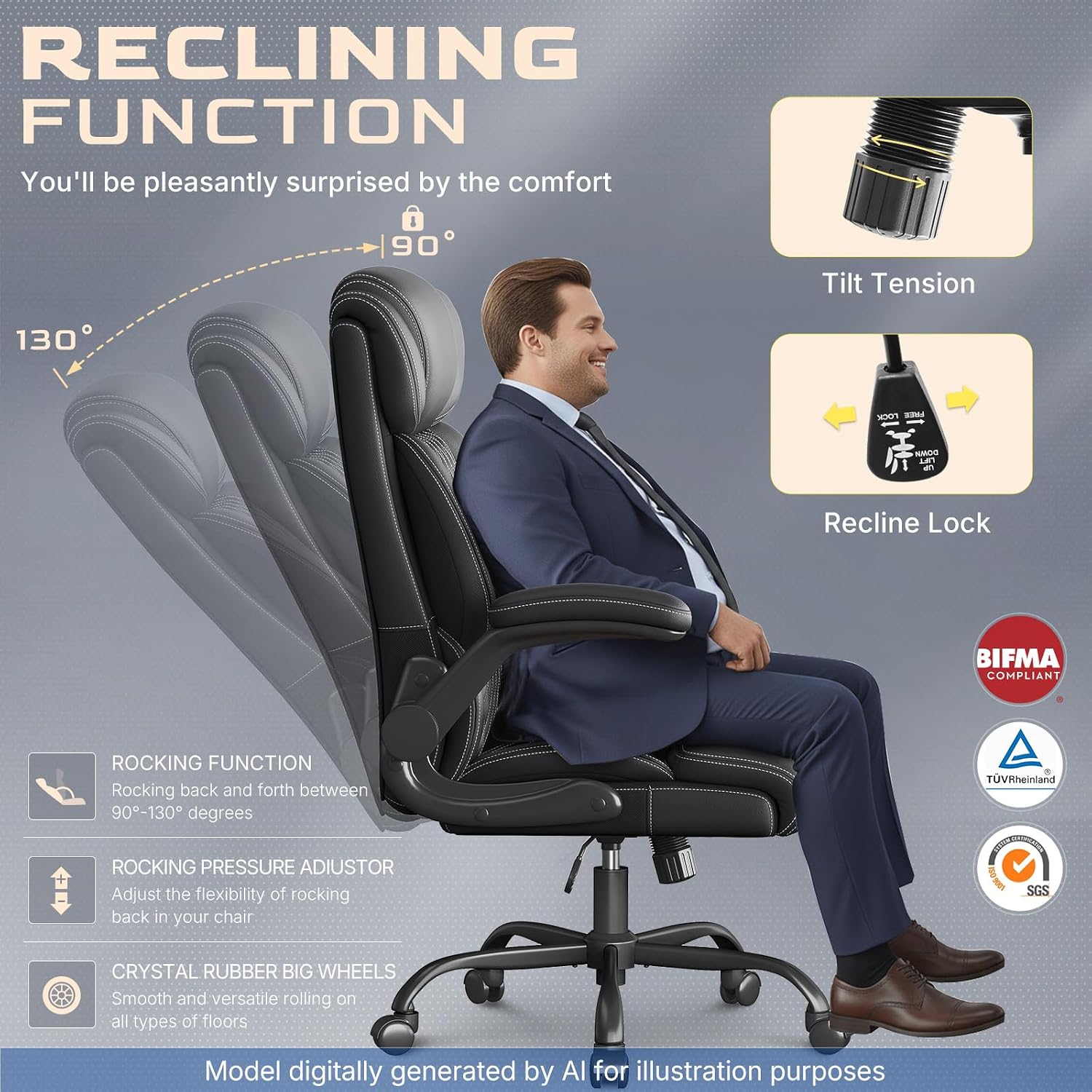 Office Chair-Executive High Back Breathable Comfy Desk Chair with Flip-up Armrests Lumbar Support-Ergonomic Leather Rolling Swivel Chair with Rock Function for Working,2 Pack