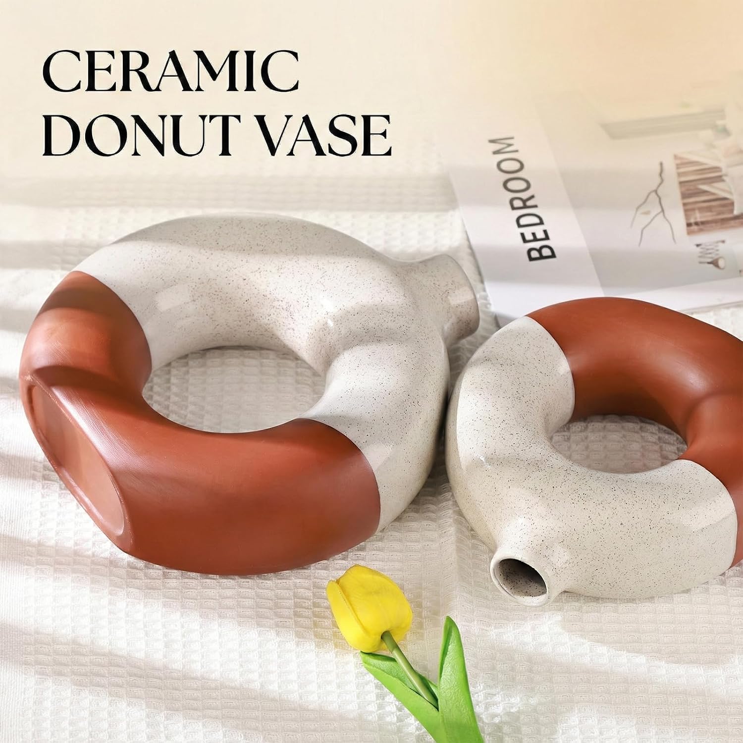 Terracotta Vase Decor Donut Vase Set of 2 - Circle Hollow Vases, Modern Matte Ceramic Vases for Entryway Living Room Bedroom Dining Table Centerpiece Office Home Decor