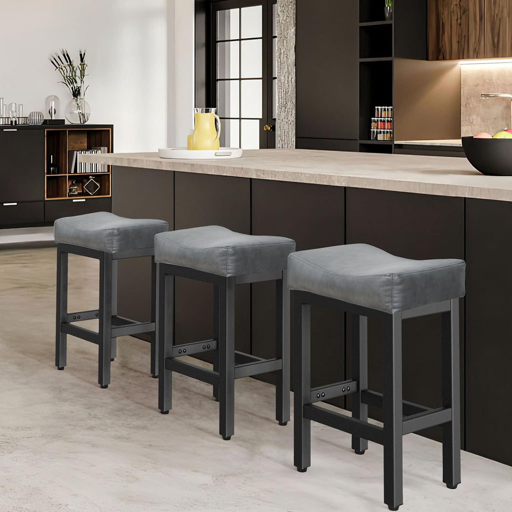 Raynesys Counter Height Bar Stools Set of 3, 24 Inch Barstools for Kitchen Island Counter, Bonded Leather Kitchen Stools with Saddle Seats & Metal Base, Easy Assembly, Black