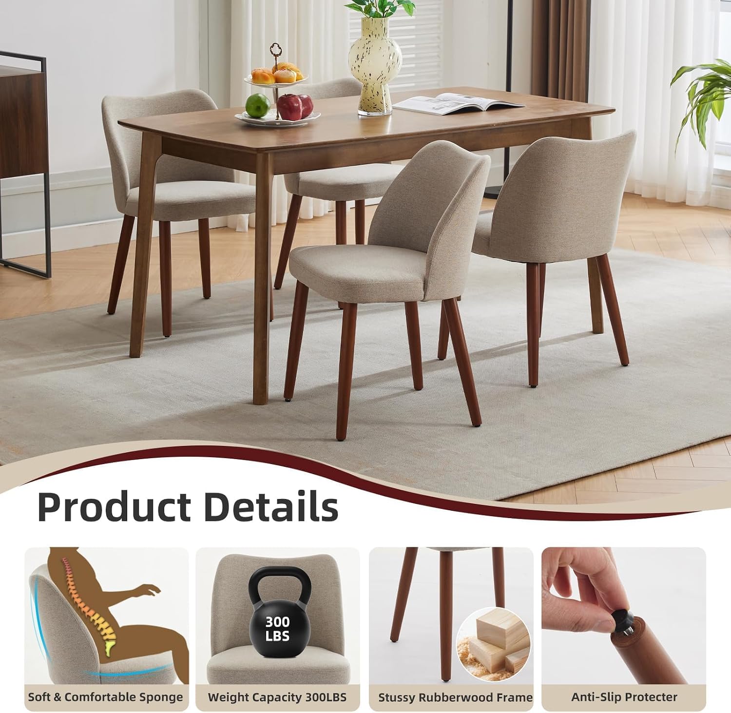 GarveeHome Wooden Dining Chairs Set of 4, Upholstered Mid Century Dining Chairs with Thick Seat Cushion and Curved Back for Dining/Kitchen/Living Room, Camel