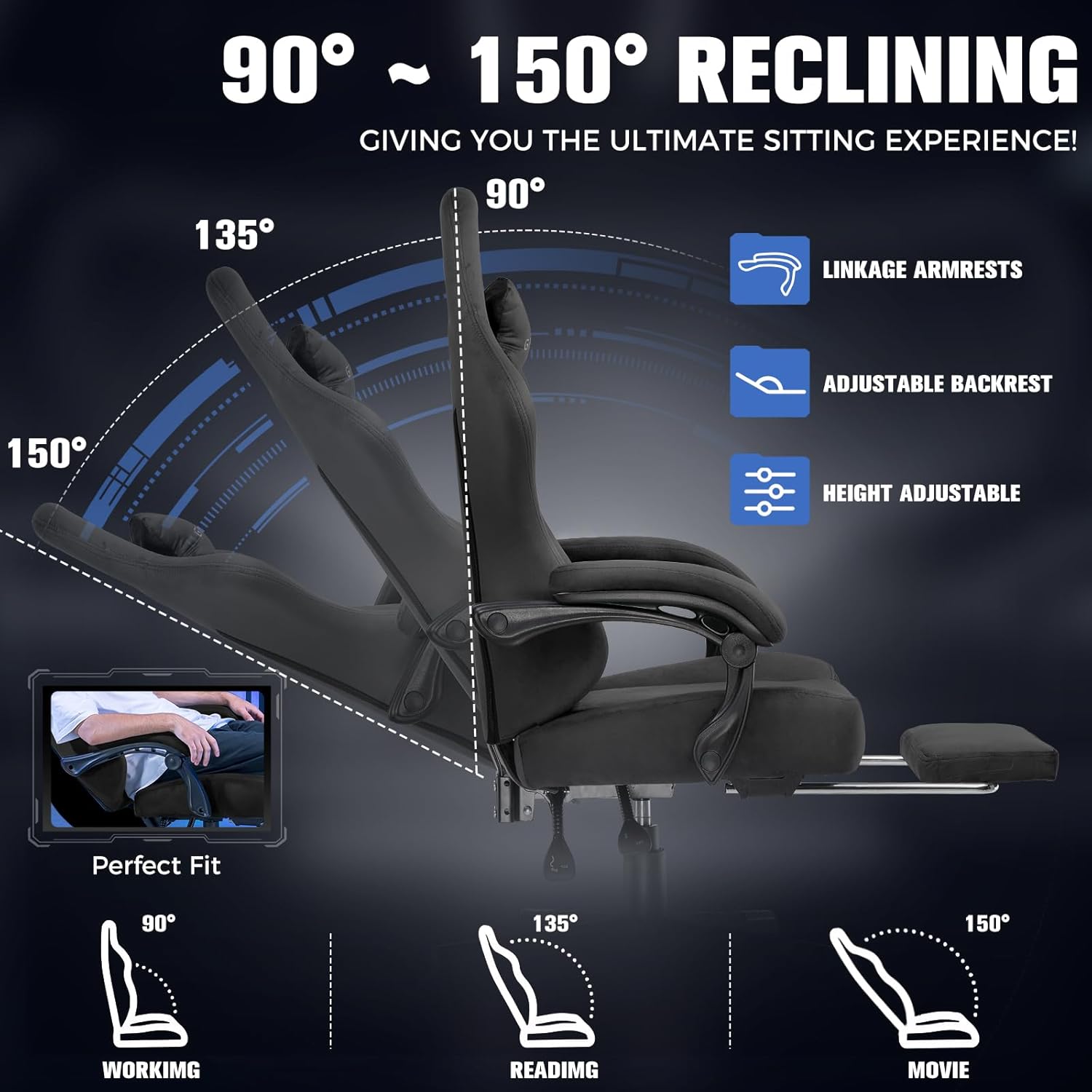 GTPLAYER Big and Tall Gaming Chair 400lbs Heavy Duty Office Chair with Foot Rest, High Back Pocket Spring Ergonomic Computer Chair for Adults, Wide Comfy Seated Cushion with Linkage Armrests, Black