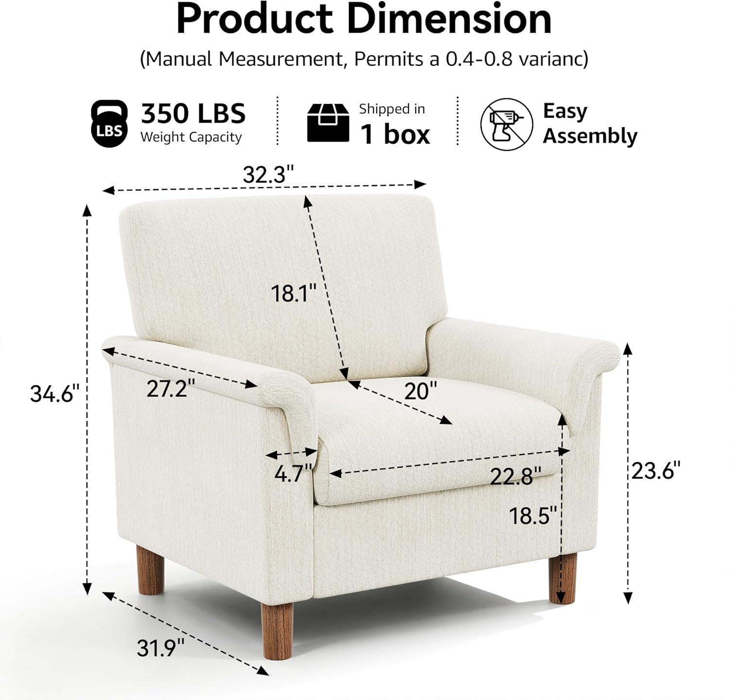 Mid Century Modern Accent Chair,Chenille Comfy Living Room Arm Chairs,Bedroom Reading Chair with Widen Arm Rest,Cozy Single Sofa Corner Side Chair,Easy Assembly Required,Beige