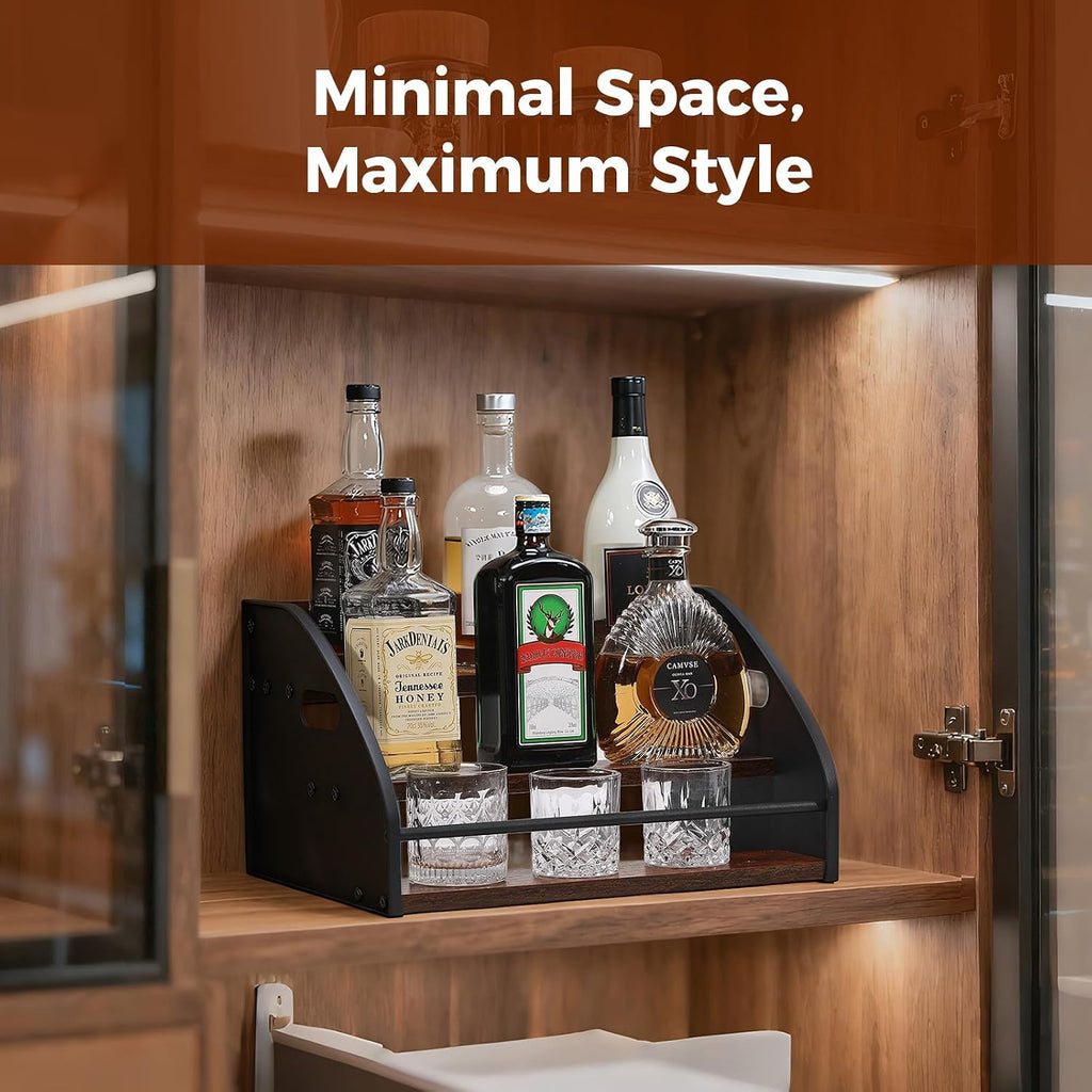 Liquor Bottle Display Shelf, Coffee Syrup Rack Organizer with Metal Hand, 3 Step Countertop Liquor Wine Rack, Mini Bar, Liquor Cabinet, Home Retro Bar Shelf Stand for Liquor Whiskey, Bourbon, Spirits