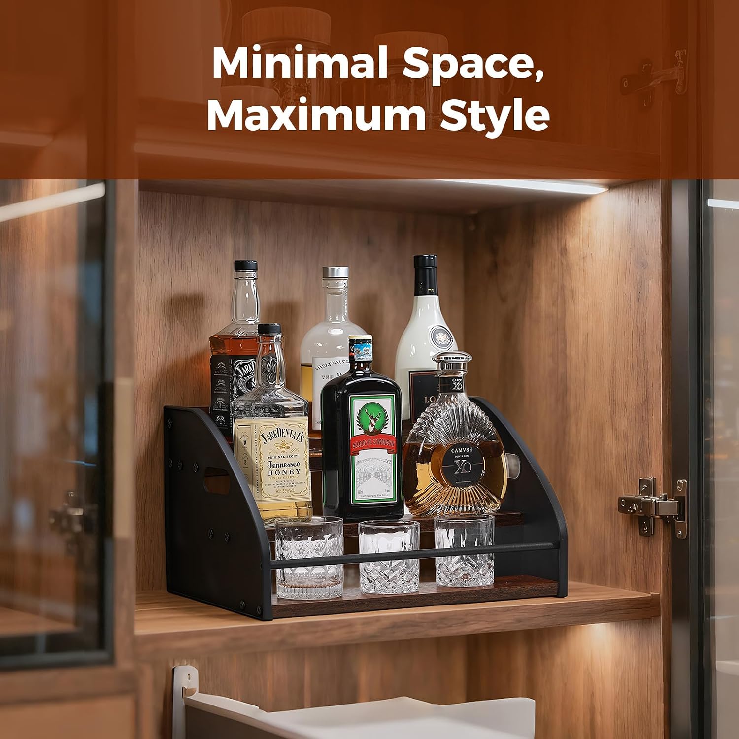 Liquor Bottle Display Shelf, Coffee Syrup Rack Organizer with Metal Hand, 3 Step Countertop Liquor Wine Rack, Mini Bar, Liquor Cabinet, Home Retro Bar Shelf Stand for Liquor Whiskey, Bourbon, Spirits
