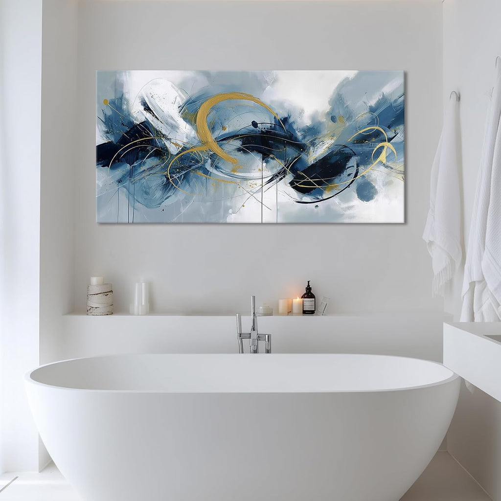 BewDalky Navy Blue Yellow Abstract Canvas Wall Art Large Modern Watercolor Fluid Art Prints Minimalist Lines Circles Pictures Wall Decor Contemporary Artwork for Living Room Bedroom Office 23"x46"