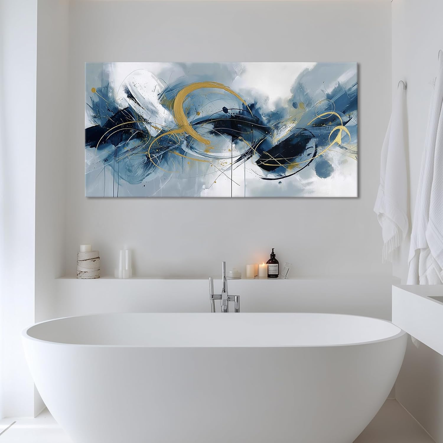 BewDalky Navy Blue Yellow Abstract Canvas Wall Art Large Modern Watercolor Fluid Art Prints Minimalist Lines Circles Pictures Wall Decor Contemporary Artwork for Living Room Bedroom Office 23"x46"